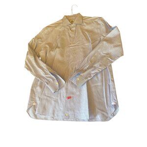 Borrelli Napoli Long Sleeve Dress Shirt Cotton Blue Checkered Italy Size 17